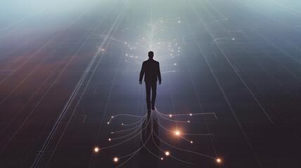 Obraz premium Man's Journey Into the Future: A silhouette of a person walks towards a bright, promising future, illuminated by beams of light and interconnected networks