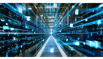 A futuristic server room, filled with glowing technology, showcasing interconnected systems.