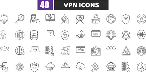 VPN Security Line Icons | Cyber Protection, Privacy, and Data Encryption Symbols