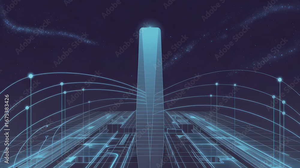 Poster abstract urban data stream: a modern skyscraper is depicted against a backdrop of a starry night sky