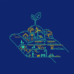 concept of eco-city or green city, lined graphic of hand holding leaf with ecology element 