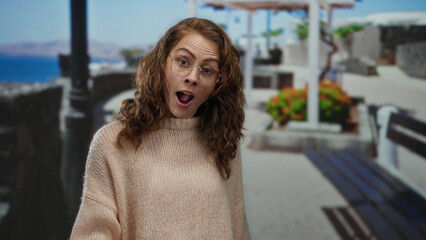 Fototapeta premium Woman with glasses enjoying a sunny day on a seaside promenade, surrounded by scenic views, wearing a cozy sweater, with a beach backdrop and vibrant flowers.