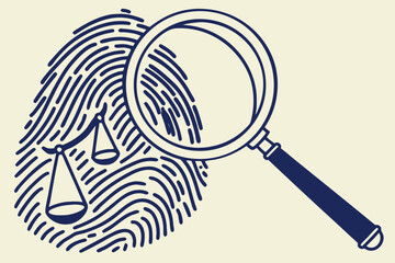 Fingerprint with magnifying glass in flat design illustrating justice