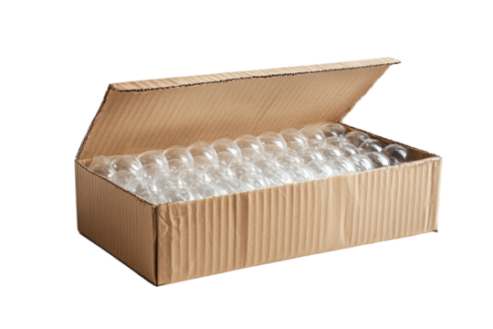 Clear glass orbs packed in a cardboard box for various crafts and decorations