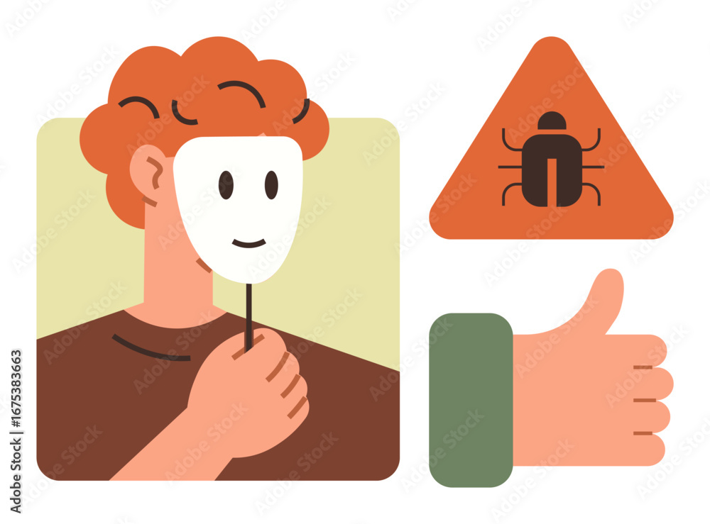 Poster person holding a mask in front of face beside a caution triangle with a bug icon and thumbs-up gestu