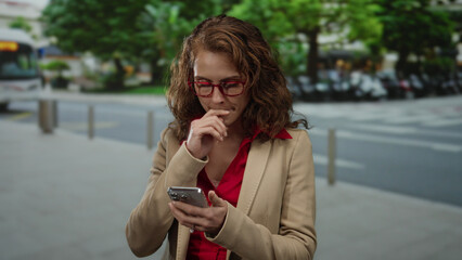 Woman using smartphone on busy city street, wearing red glasses and beige blazer, bus in background...
