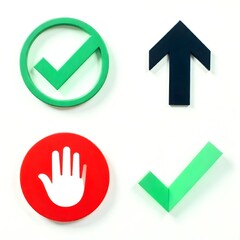 Top left: Green circle with a white check mark.

Bottom left: Light teal circle with a green check mark.

Top right: Orange circle with a black upward arrow.

Bottom right: Red circle with a white han