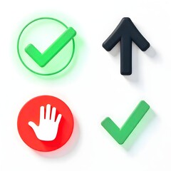Top left: Green circle with a white check mark.

Bottom left: Light teal circle with a green check mark.

Top right: Orange circle with a black upward arrow.

Bottom right: Red circle with a white han