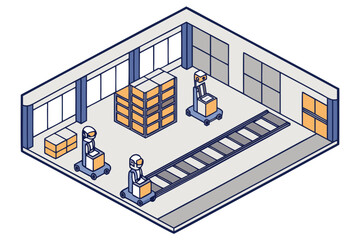 Smart warehouse with automated robots carrying packages, modern isometric flat illustration style.