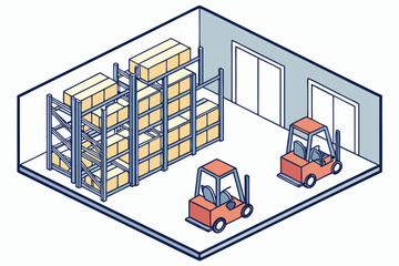 Warehouse interior with shelves stacked with packages and forklifts, modern isometric flat illustration style.