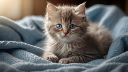 Blue eyed kitten sleeping in a blanket, kitten