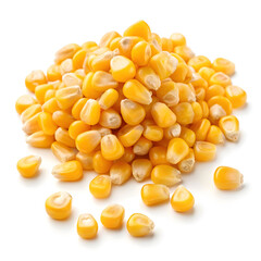 Fototapeta premium Golden corn kernels scattered on a white background, showcasing their plump texture,
