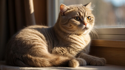 cat sits looking out the window at the soft sunlight.
