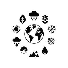 Planet earth surrounded by weather and seasonal icons representing climate and natural cycles