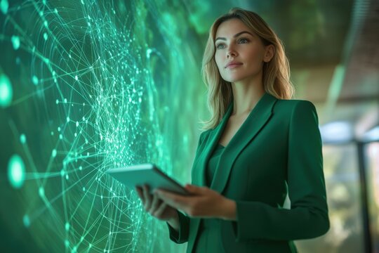 A businesswoman examines a digital global network on a large screen, holding a tablet, contemplating future technologies and global connections. - Powered by Adobe