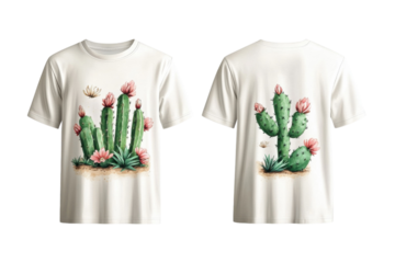 Cactus design cotton t-shirt for casual wear displays vibrant floral accents and detailed plant illustrations
