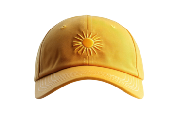 Bright yellow cap with sun design ideal for casual wear during daytime outings and outdoor activities