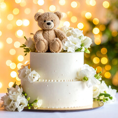 White cake with teddy bear decor