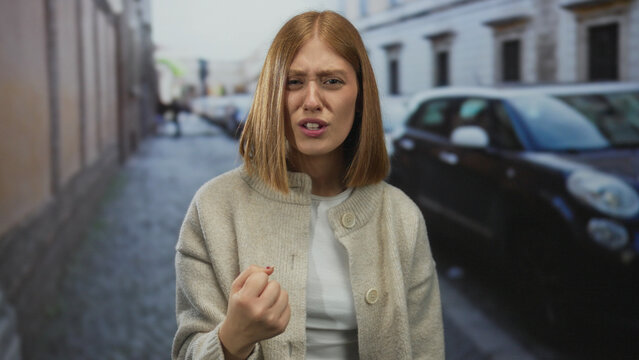 Young blonde woman wearing beige cardigan raising clenched fist in cobblestone street; anger frustration defiance.