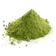 Bright green barley grass powder isolated on a white background, emphasizing its fine texture