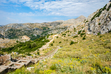 Descent from the mountain to the ruins of the ancient city of Sagalassos in Aglasun district of...