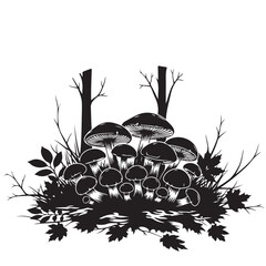 Graphic black and white illustration of autumn mushrooms, leaves, and trees