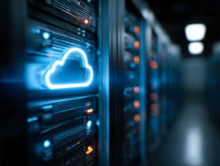 Cloud storage server with illuminated cloud icon in a data center