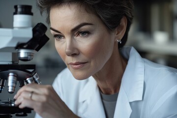 A female scientist meticulously examines a sample under a microscope in a laboratory setting.