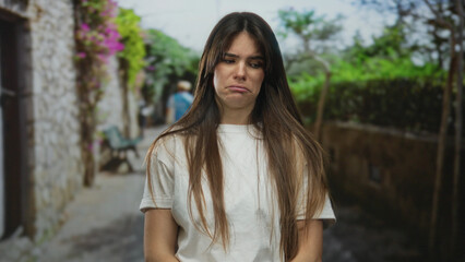 Woman outdoors in city street with long hair wearing white shirt looking sad among stone buildings and colorful flowers on a bright clear day.