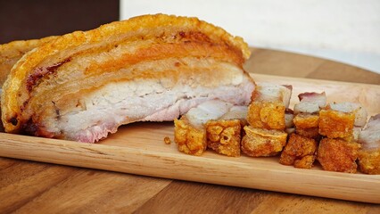 Crispy pork belly, crispy skin and juicy meat.