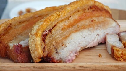 Crispy pork belly, crispy skin and juicy meat.