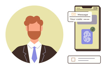 Businessman portrait, smartphone with fingerprint scanner, verification code, and notification icons. Ideal for security, authentication, technology, mobile apps identity privacy business. Simple