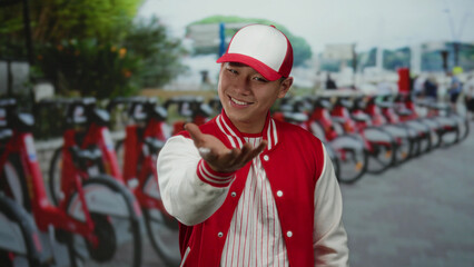 Young man in baseball uniform extends hand to camera smiling on busy city street with rental bikes...