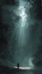 神秘的なスピリチュアルアート 幻想的な森と光の柱に包まれる神聖な空間を描いた幻想風景イラスト 背景素材 瞑想 ヒーリング 癒し 神秘 神話 宇宙の力 スピリチュアルデザイン