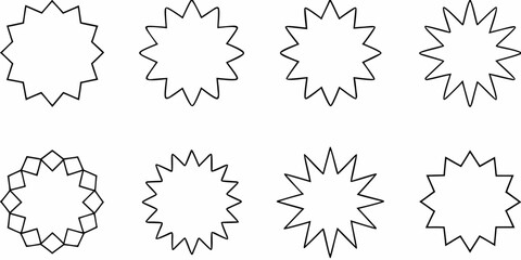Collection of eight unique starburst shapes and geometric star patterns in black outline on a white background