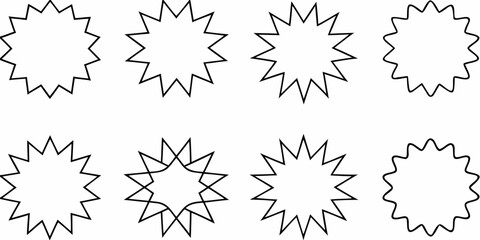 Collection of eight stylized starburst shapes and jagged circles in a clean black and white graphic design