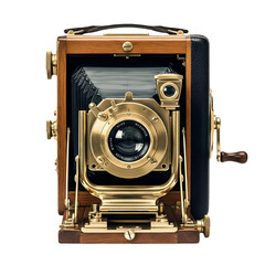 Vintage brass and wood camera isolated on transparent background, a classic photographic tool with a rich history, perfect for capturing timeless images and memories