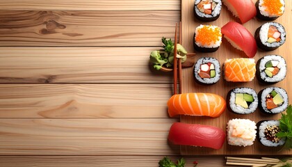A vibrant and delicious assortment of traditional Japanese sushi, maki rolls, and nigiri, served on a rustic wooden platter with copy space
