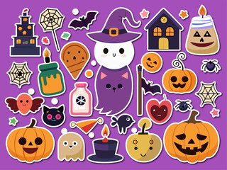 Cute Halloween Sticker Collection with Pumpkins Ghosts Bats and Spiders on Purple Background