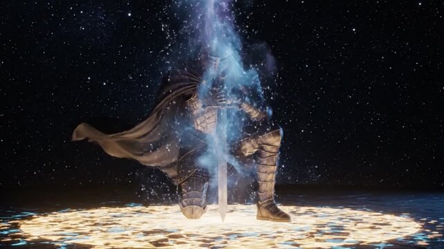 Armored Fantasy Knight Kneeling with Sword Under Starry Sky and Celestial Light