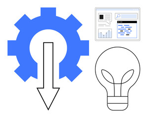 Gear with downward arrow, light bulb outline, and analytics dashboard. Ideal for innovation, strategy, automation, efficiency, workflow, productivity simple landing page