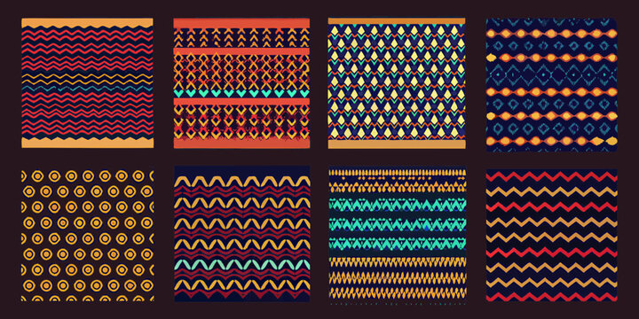 Collection of eight colorful ethnic geometric patterns with zigzag and circular motifs