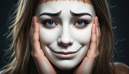 Sad Woman with Painted Smiling Face &ndash; Emotional Concealment Concept