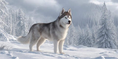Fototapeta premium Full body 3D Siberian Husky, standing on snow, realistic fur, winter landscape