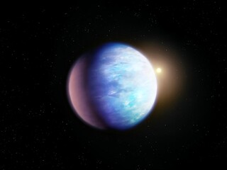 Exoplanet with atmosphere in space. Beautiful extrasolar planet of the Earth type. Alien world covered with clouds.