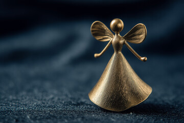 metal angel figurine, brushed gold surface, placed on dark luxury background