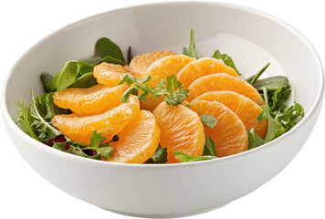 A vibrant and fresh orange and green leafy salad served in a clean white bowl