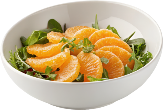 A vibrant and fresh orange and green leafy salad served in a clean white bowl