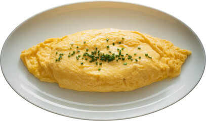Classic golden French omelette garnished with fresh chives elegantly served on a white oval plate