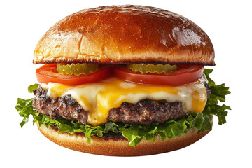 Juicy hamburger with melted cheese, fresh lettuce, tomatoes, and pickles on a toasted bun